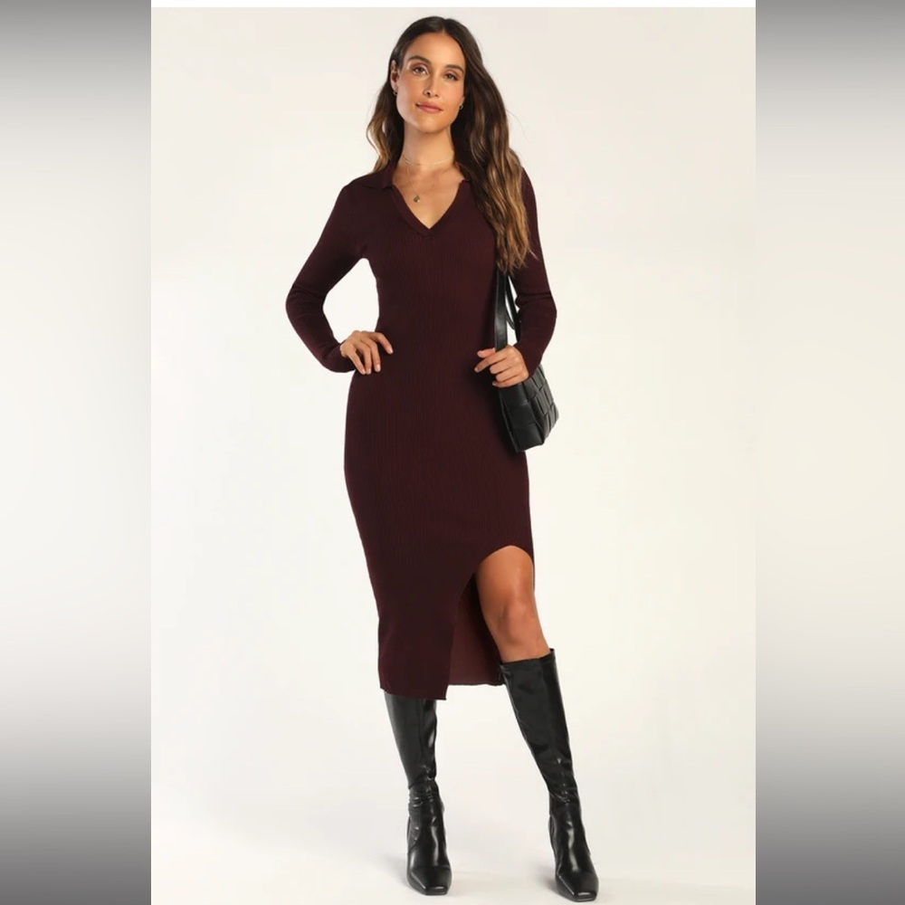 Lulus We're Sweater Together Brown Ribbed Knit Collared Midi Dress Small